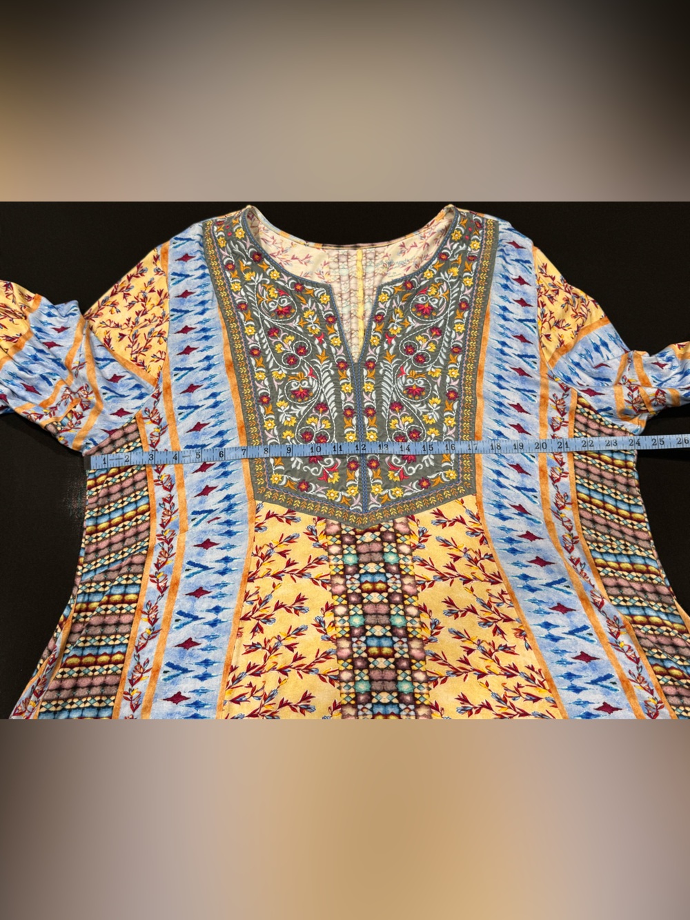 Soft Surroundings Embroidered Mixed Print Boho Tunic Top Jersey Blue 3X - Picture 9 of 11